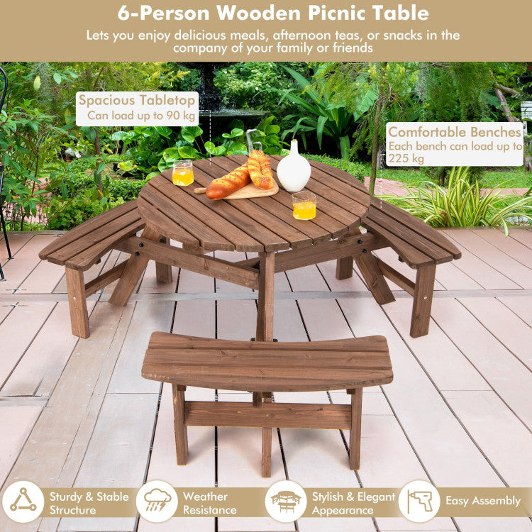 6 Person Wooden Picnic Table Set with Bench and Umbrella Hold w/o Umbrella
