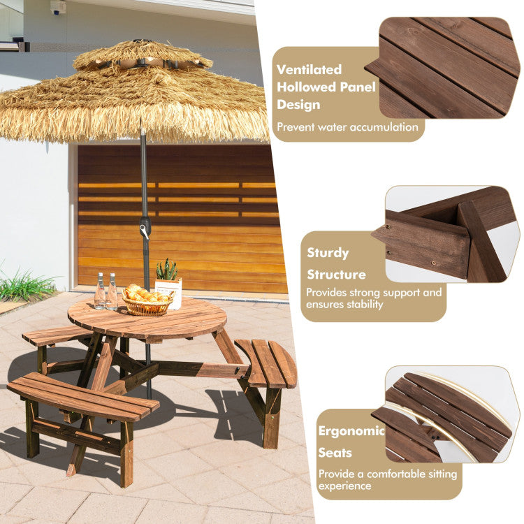 6 Person Wooden Picnic Table Set with Bench and Umbrella Hold w/o Umbrella