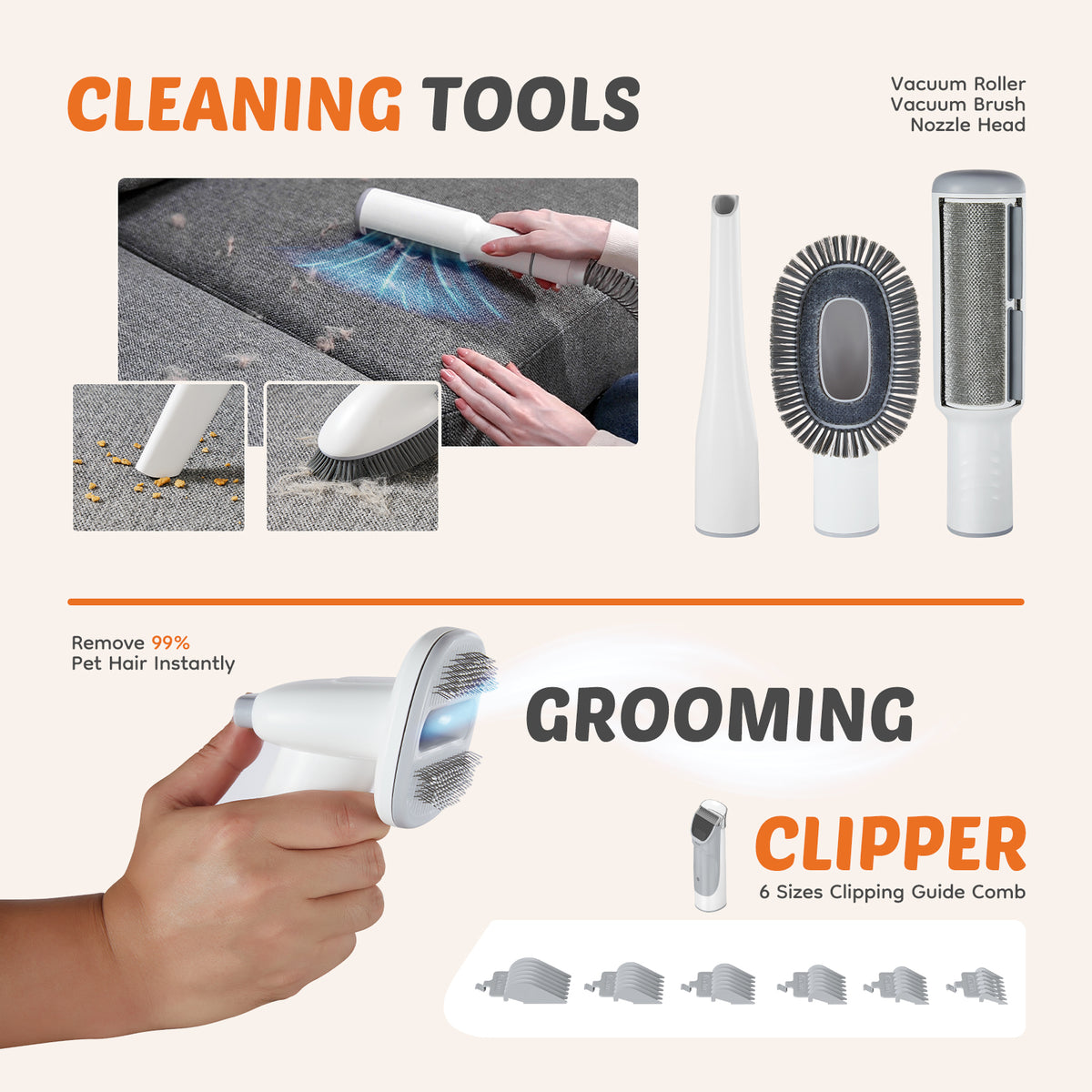 Professional Dog Grooming Clippers with 2.5L Cup, 3 Suction Modes, Cordless Clippers, 5 Groomer Tools, Low Noise Pet Hair Trimmer for
