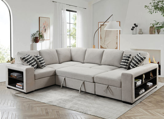 125'' Modern U Shaped 7 Seat Sectional Sofa Couch with Cabinet,Sofa Bed with Storage Chaise-Pull Out Couch Bed for Living Room,Beige