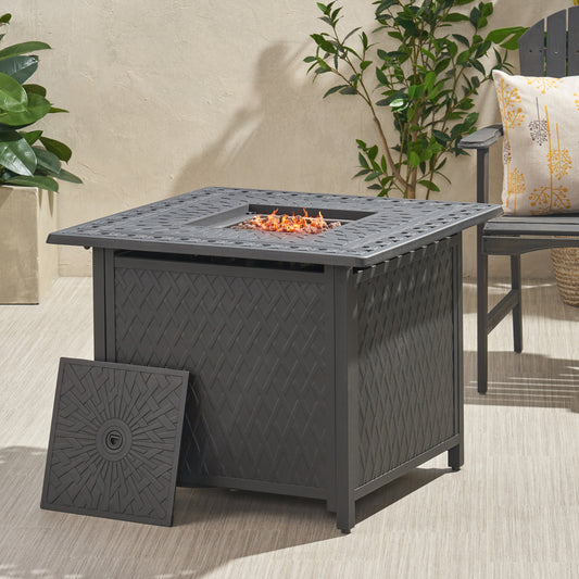 32" Outdoor Square Aluminum Propane Fire Pit, Matte Black - 37,000 BTU