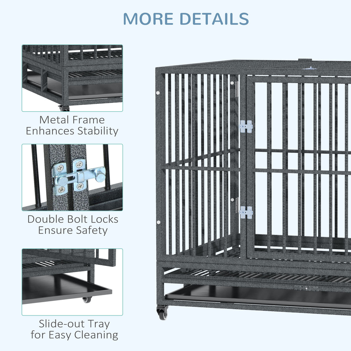 PawHut 43" Heavy Duty Dog Crate Metal Cage Kennel with Lockable Wheels, Double Door and Removable Tray, Grey