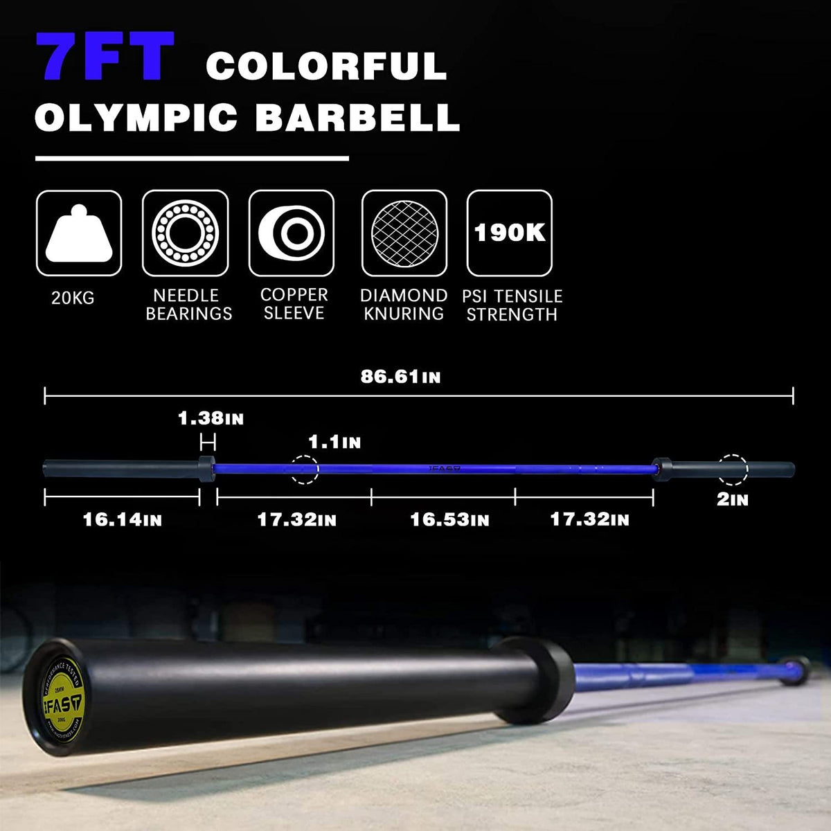 7.2Ft Barbell Bar for 2" Olympic Plates, Home Gym Weightlifting Bar Solid Chrome Weight Bar 5Ft Fitness Training Curl Barbell