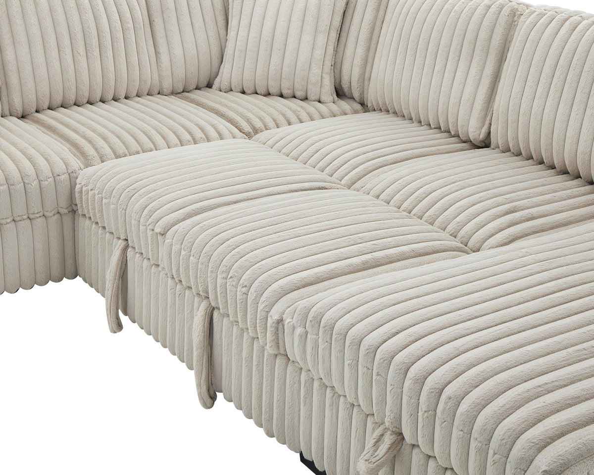 122 Inch Pull Out Couch, Rabbit plush Fabric Sofa Bed with USB Ports & Comfy Upholstered, Oversized U Shape Sectional Sleeper Sofa Bed with Storage Chaise, Khaki