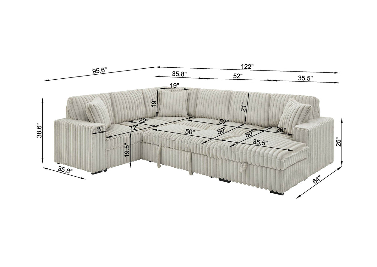 122 Inch Pull Out Couch, Rabbit plush Fabric Sofa Bed with USB Ports & Comfy Upholstered, Oversized U Shape Sectional Sleeper Sofa Bed with Storage Chaise, Khaki