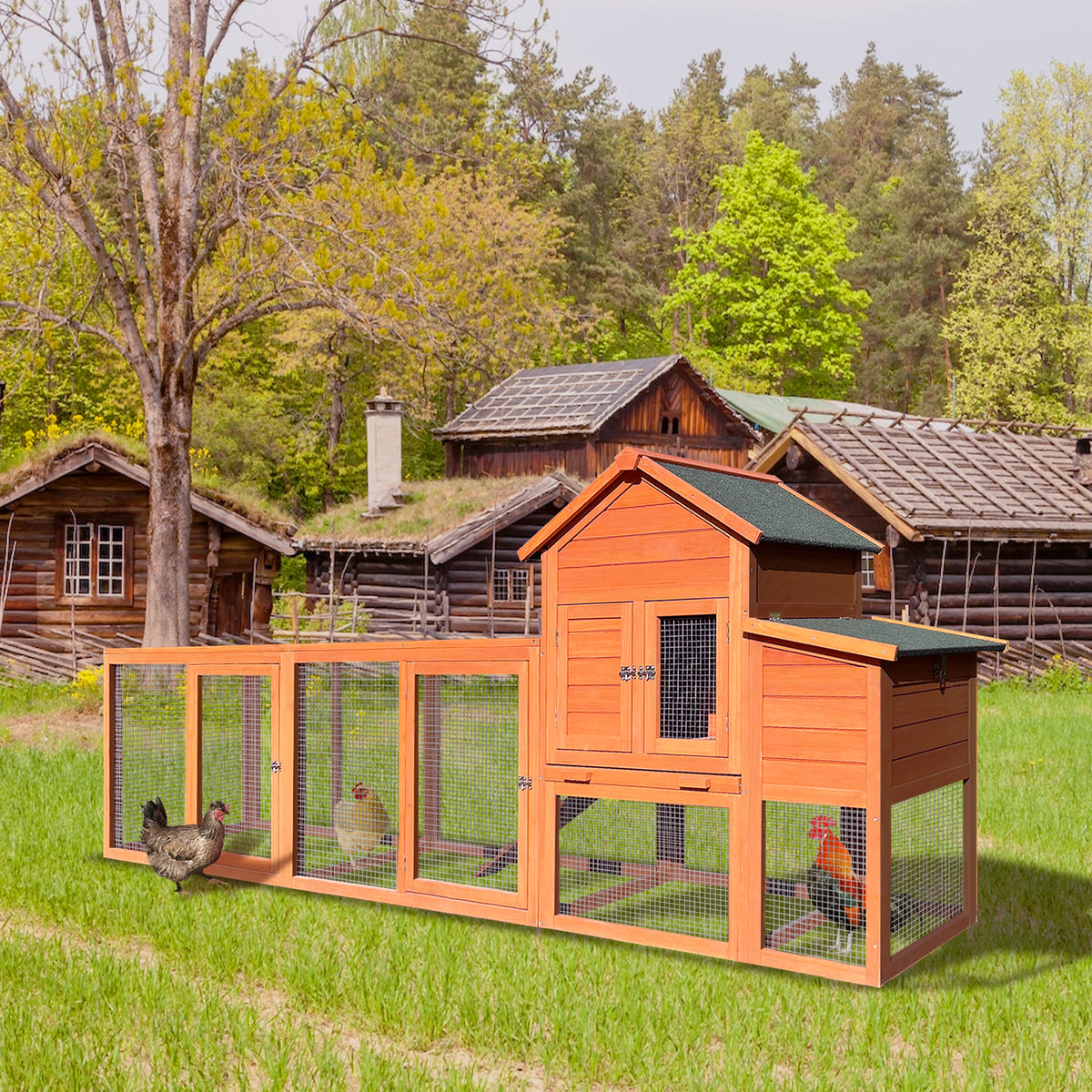 121＂Large outdoor Wooden Chicken Coop, Hen House with Nest Box ,Wire Fence Poultry Cage