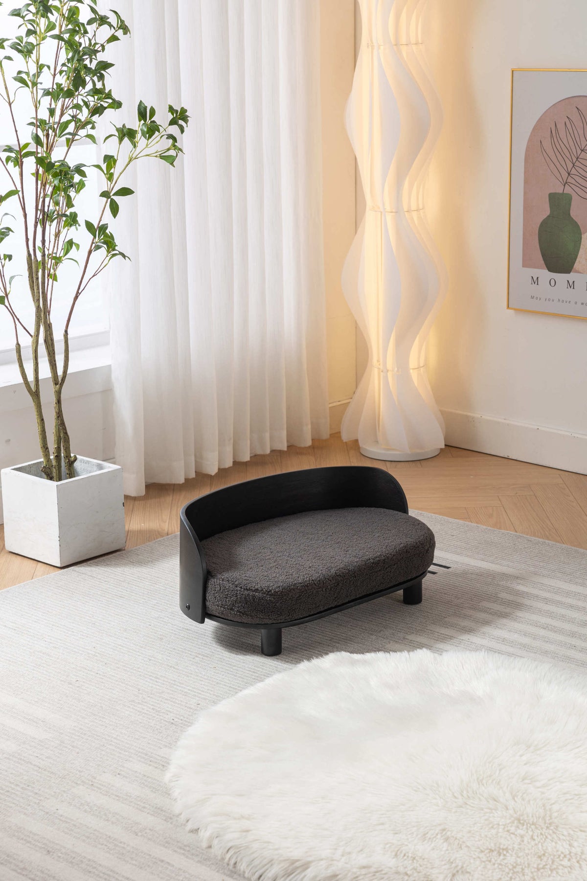 Scandinavian style Elevated Dog Bed Pet Sofa With Solid Wood legs and Bent Wood Back, Cashmesh Cushion, Black wood, Darcy grey cashmesh