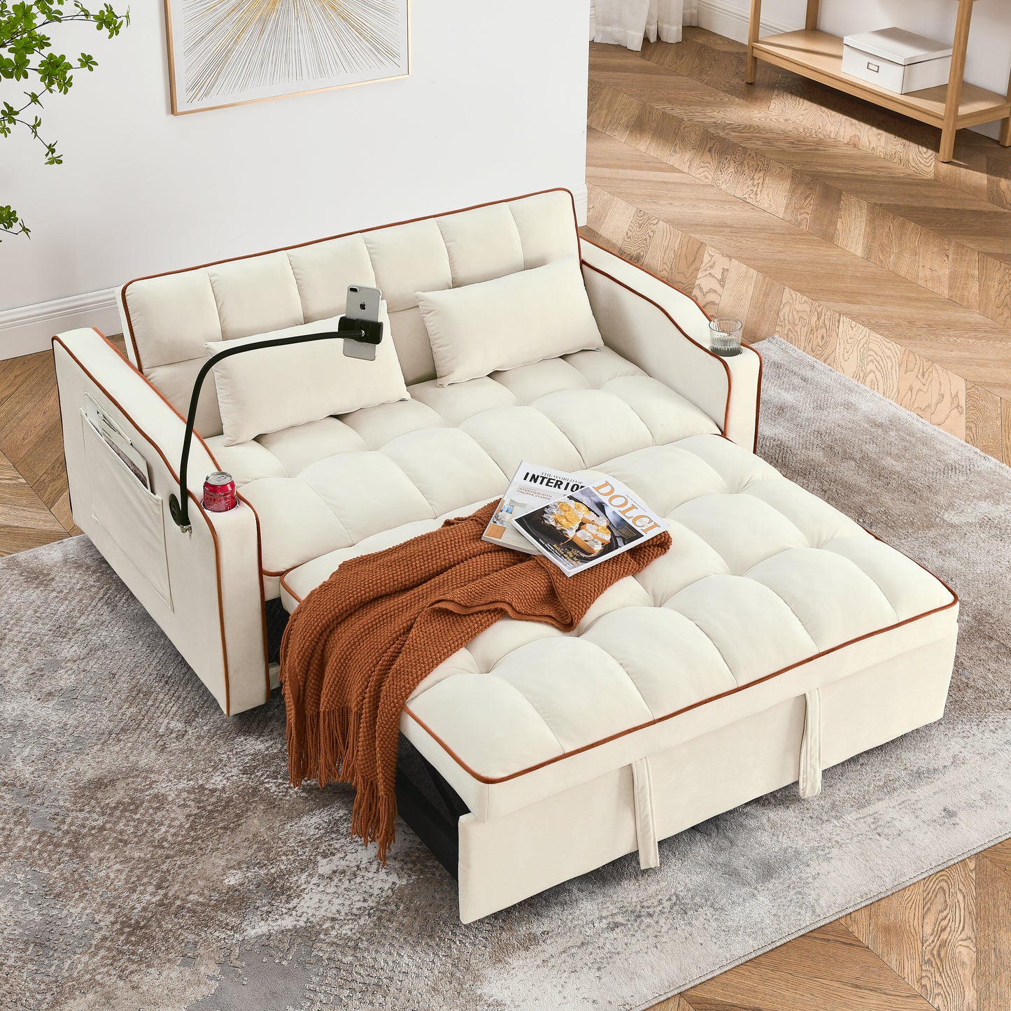 [SantaChoice] 55.51 inch versatile foldable sofa bed in 3 lengths, modern sofa sofa sofa velvet pull-out bed, adjustable back and with USB port and ashtray and swivel phone stand (Beige)