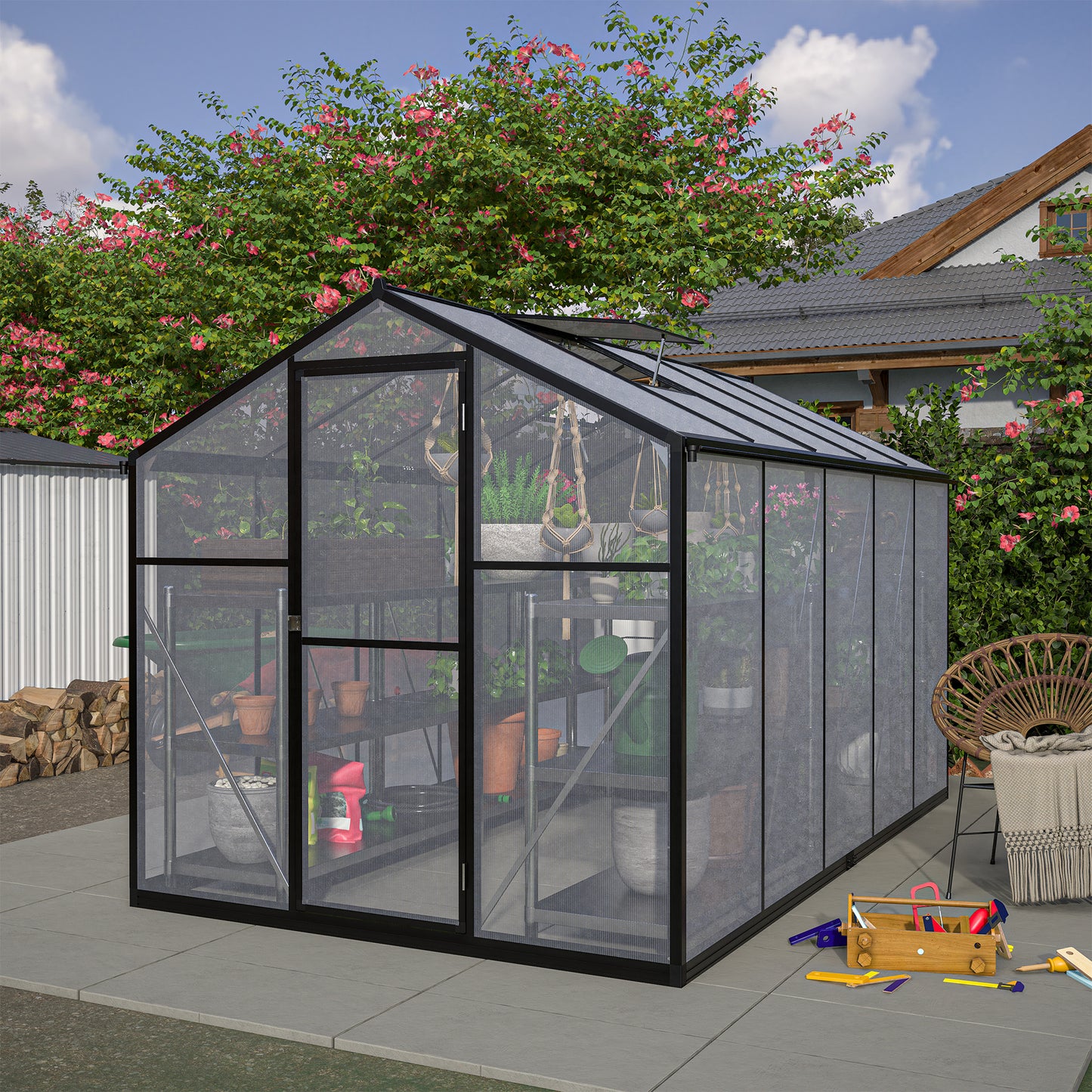 6x10 ft Outdoor Polycarbonate Greenhouse Kit with Aluminum Frame, Walk-in Garden Green House with  Lockable Door & Adjustable Roof Vent, Backyard, Patio