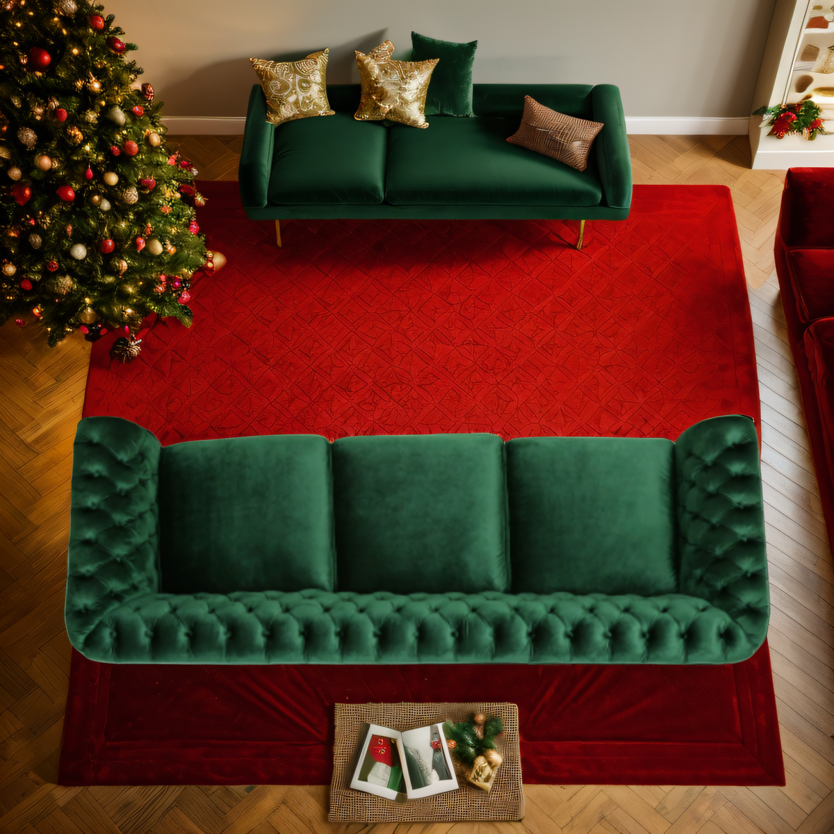 [SantaChoice] Durable 3-Seater Emerald Velvet Sofa, Combining Luxurious Comfort with Christmas Design, Perfect for Elegant Living Spaces, Featuring Plush Upholstery for Relaxation and a Touch of Sophisticated Style