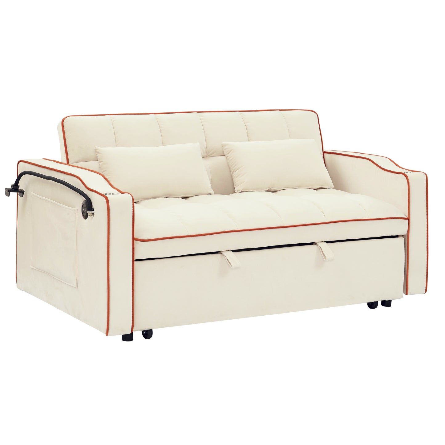 [SantaChoice] 55.51 inch versatile foldable sofa bed in 3 lengths, modern sofa sofa sofa velvet pull-out bed, adjustable back and with USB port and ashtray and swivel phone stand (Beige)