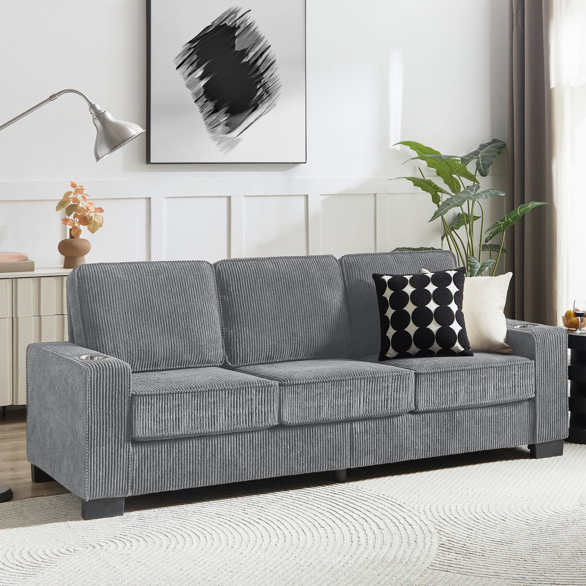 [SantaChoice] 83.86" Corduroy Fabric sofa,Modern Compressed Couch,3-Seater Sofa, Furniture for Living Room,Bedroom,office ,Gray
