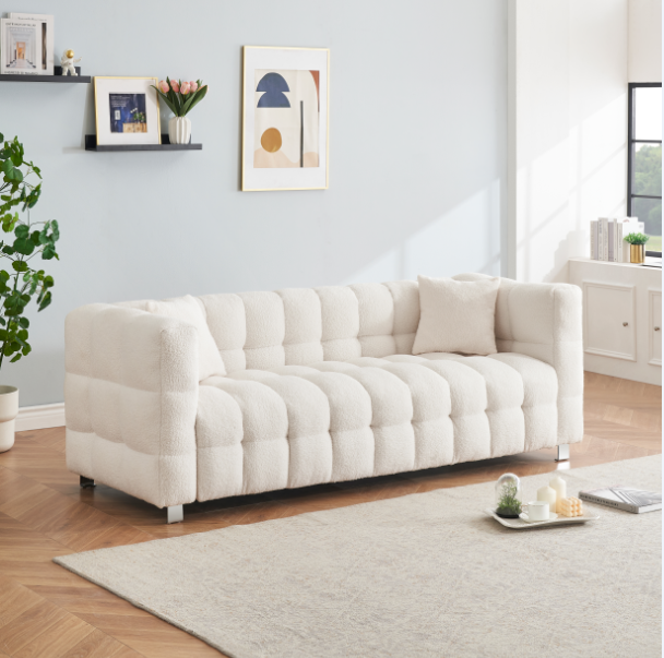 [SantaChoice] Sophisticated Comfort: Beige White Teddy Plush Sofa - 80 Inch, Perfect for Living Room or Bedroom, Includes Two Throw Pillows and Heavy-Duty Hardware Foot Support