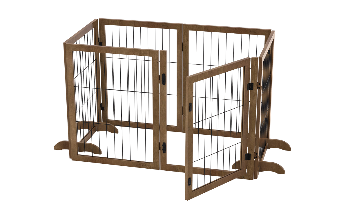 Dog Gate with Door Pet Dog Fence Barrier 6 Panels 144-inch Wide 32-inch Tall Foldable Multiple Shapes Freestanding with Support Feet Indoor Use for House Doorway Stairs Plant Stand