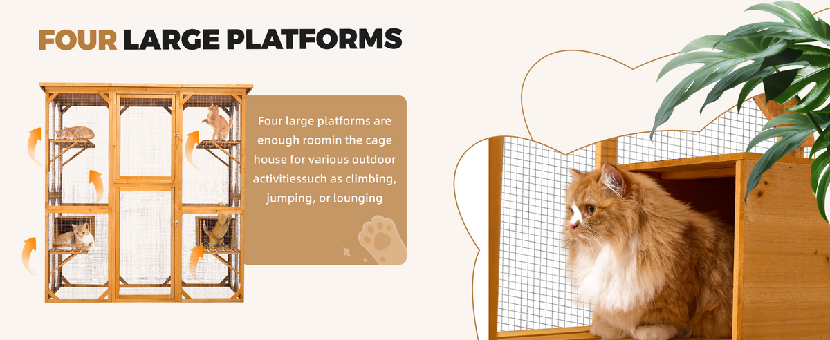 Catio Outdoor Cat Enclosure with Roof 72" Height Cat Wooden House Large Cat Cage with 3 Jumping Platforms and 2 Napping Houses for Cat Activity (Yellow)