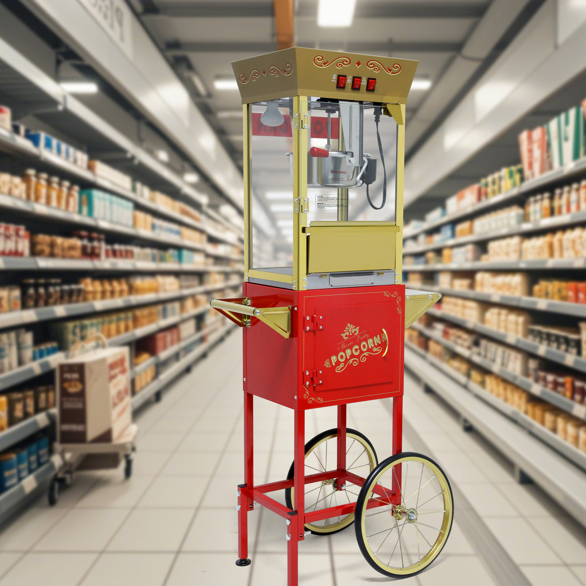 12oz Popcorn Machine Cart, Popcorn Cart with Wheels, Vintage Popcorn Machine with Stainless Steel Kettle, Movie Theater Style Popcorn Machine for Party, Red