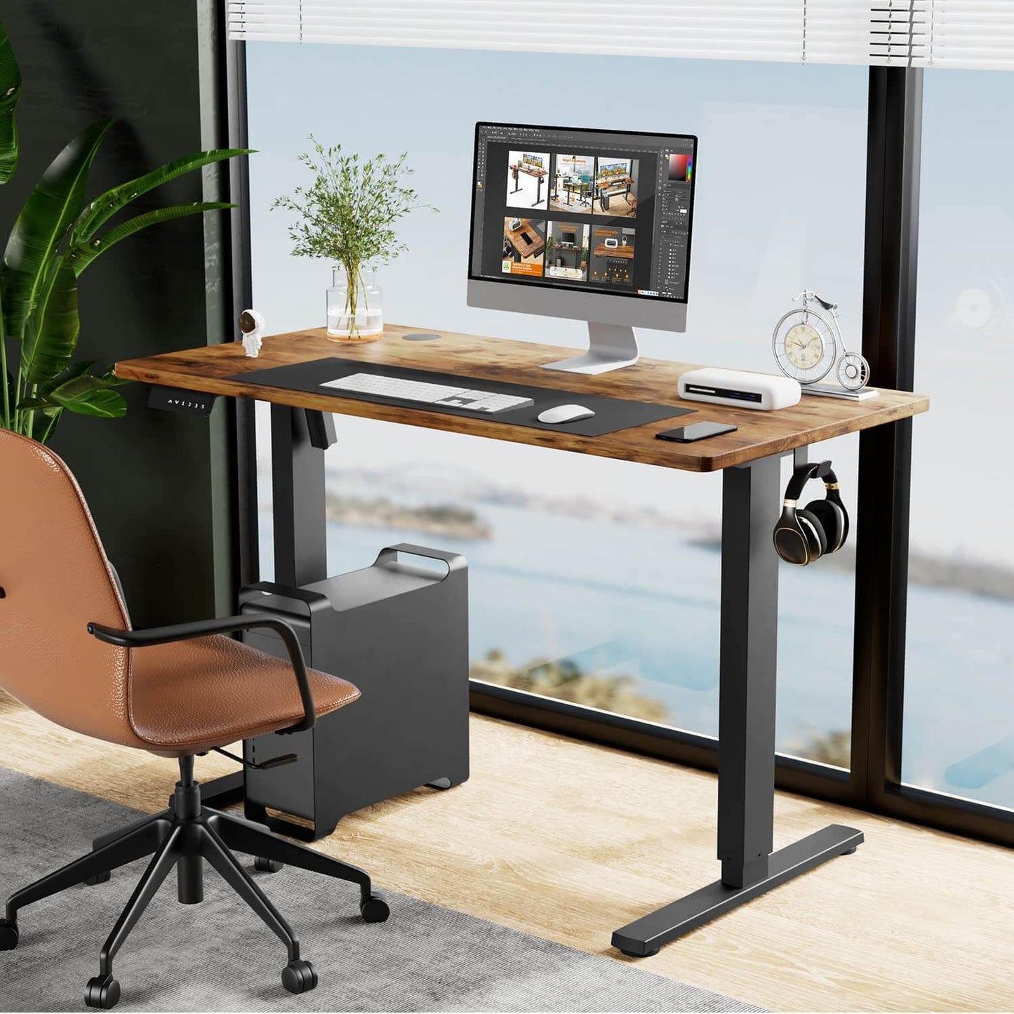 Electric Height Adjustable Standing Desk, Sit to Stand Ergonomic Computer Desk, Brown, 55'' x 24"