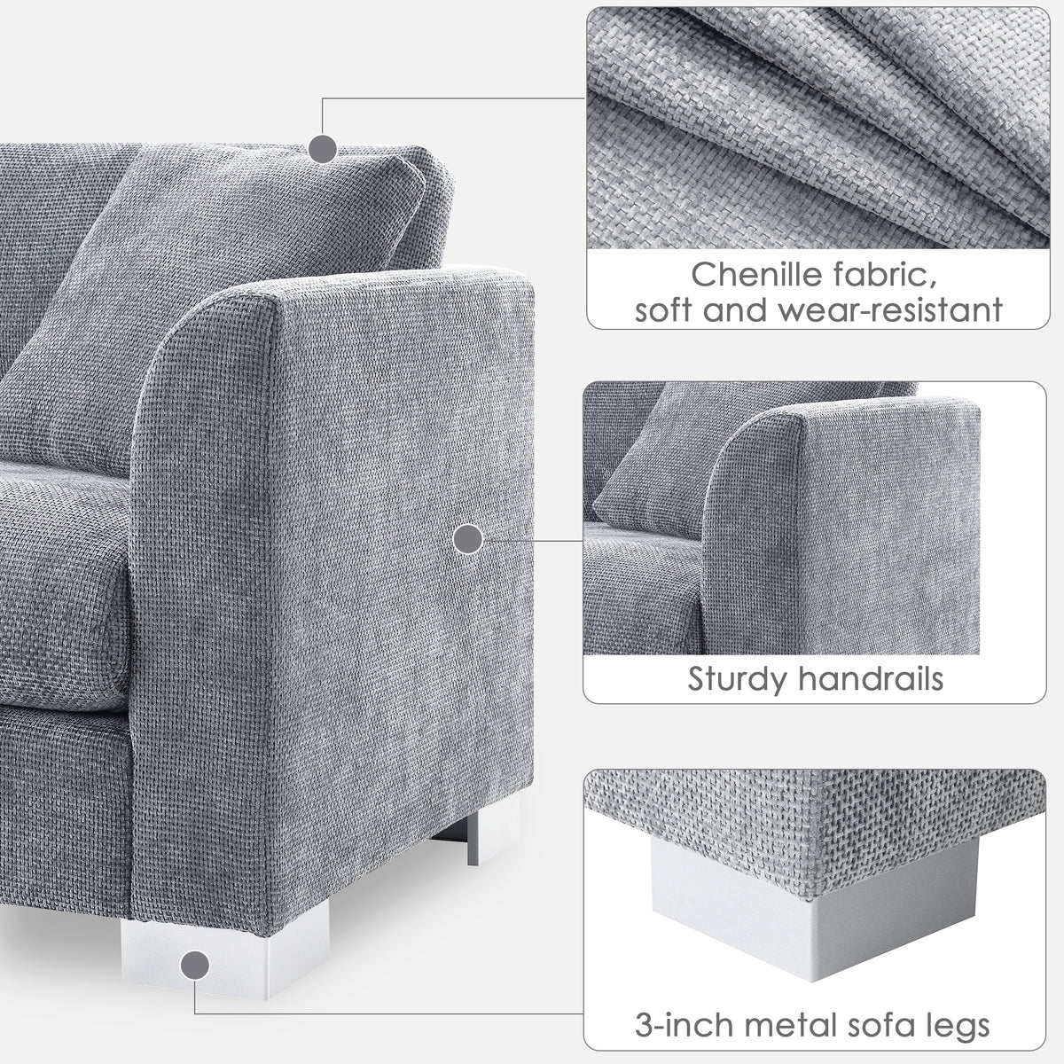 [SantaChoice] 96*56" Modern Cloud Sectional Sofa,L-shaped Luxury Couch Set with 2 Free pillows,4-seat Chenille Indoor Furniture with Oversized Chaise for Living Room,Apartment,Office,3 Colors