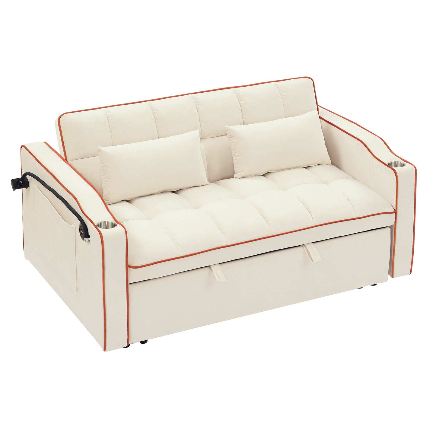 [SantaChoice] 55.51 inch versatile foldable sofa bed in 3 lengths, modern sofa sofa sofa velvet pull-out bed, adjustable back and with USB port and ashtray and swivel phone stand (Beige)
