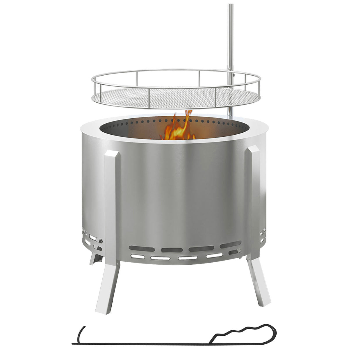 Outsunny 2-in-1 Smokeless Fire Pit, BBQ Grill, 19' Portable Wood Burning Firepit with Cooking Grate and Poker, Low Smoke Camping Bonfire Stove for Backyard Patio Picnic, Stainless Steel, Silver