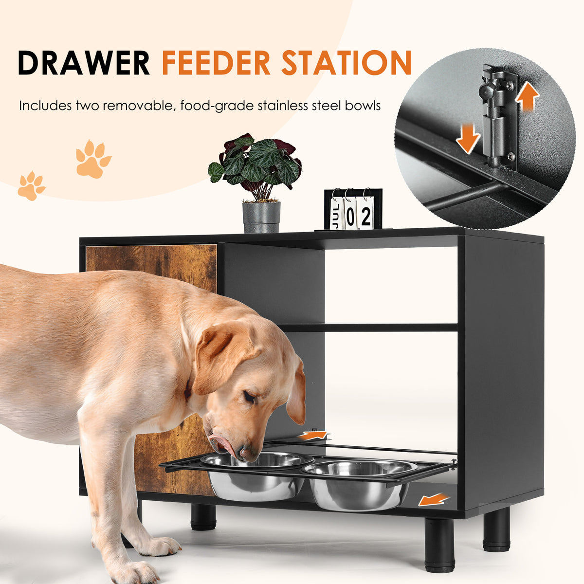Large Pet Feeder Station, Dog Food Storage Cabinet with Stainless Steel Double Pull Out Raised Dog Bowls for Feeding & Watering Supplies