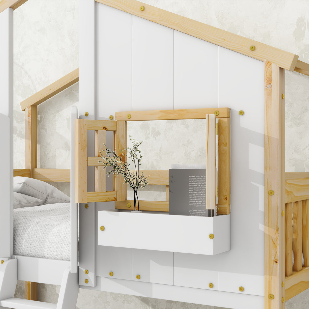 Twin over Twin House Bunk Bed with Roof , Window, Window  Box, Door , with Safety Guardrails and Ladder, Natural/White