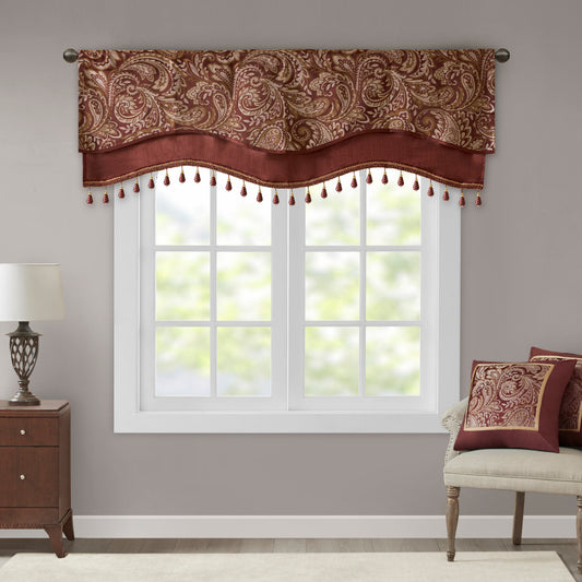 Jacquard Window Rod Pocket Valance With Beads Burgundy 50x18'