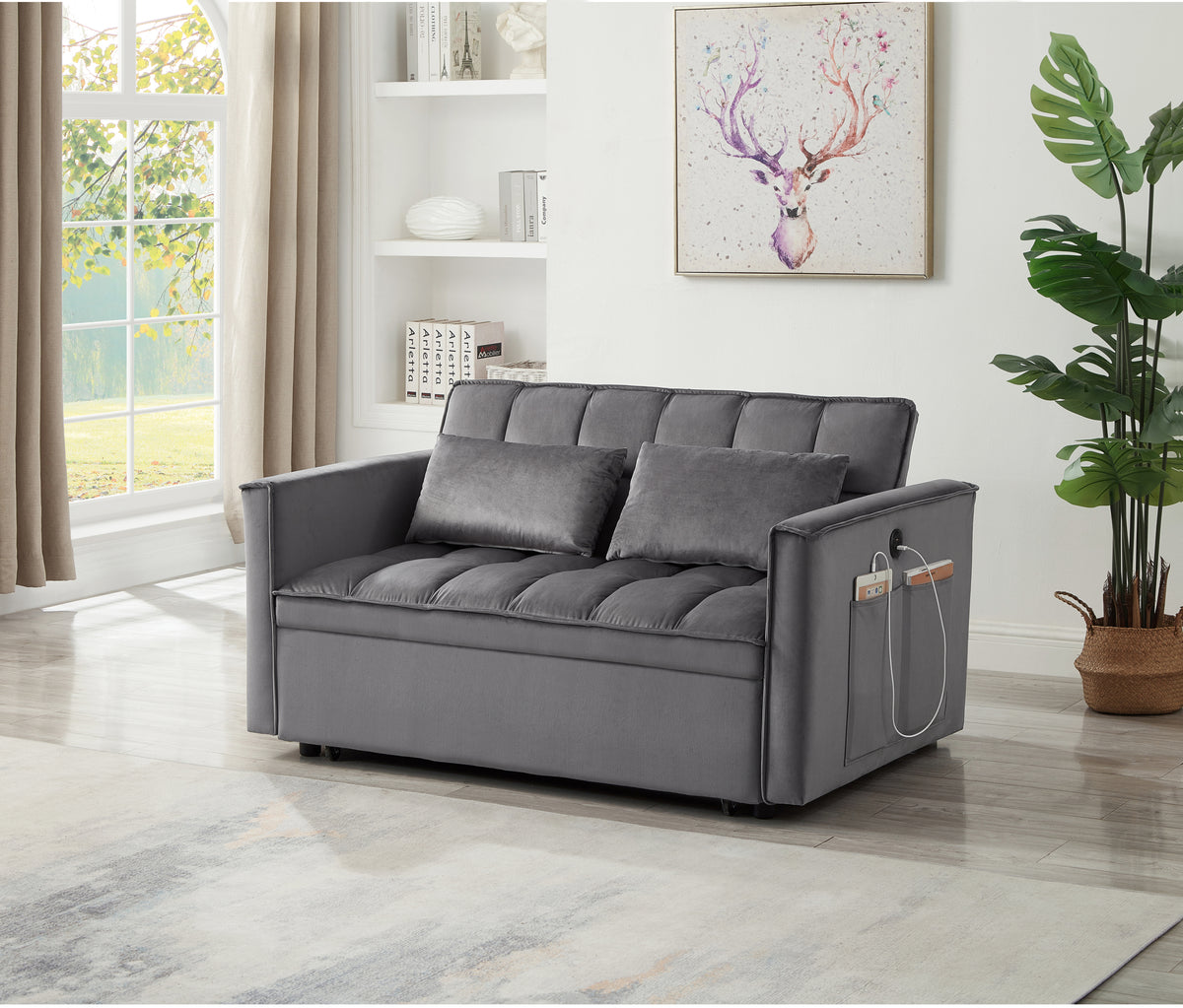 [SantaChoice] Sleeper Sofa Bed w/USB Port, 3-in-1 adjustable sleeper with pull-out bed, 2 lumbar pillows and side pocket, soft velvet convertible sleeper sofa bed, suitable for living room bedroom
