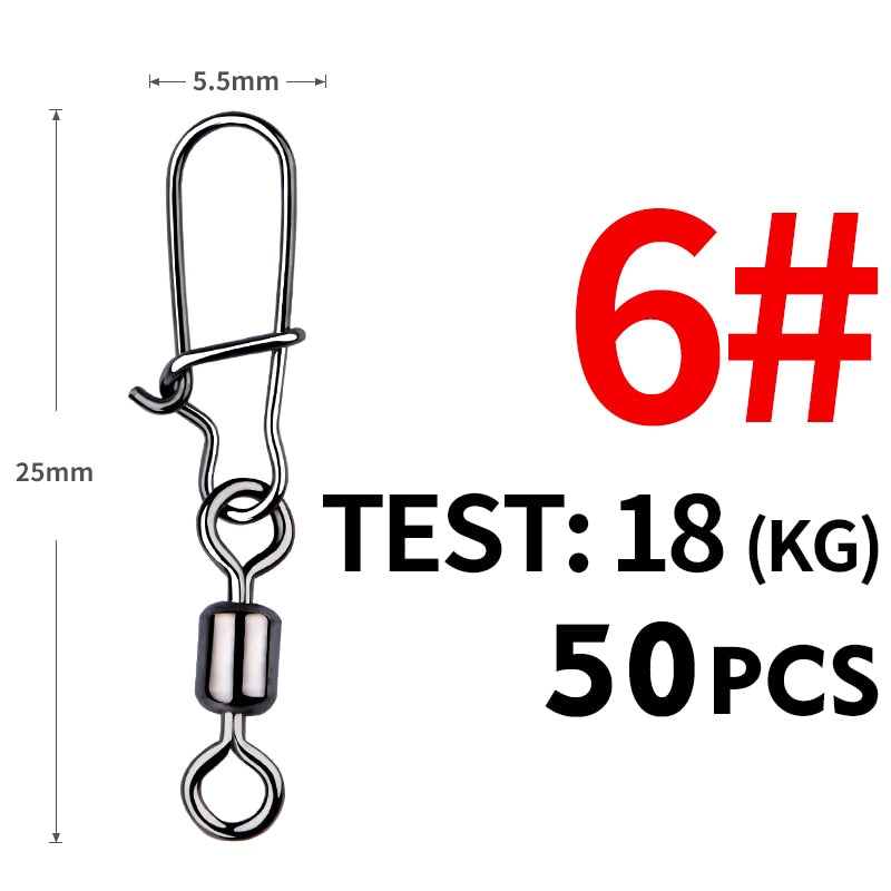 MEREDITH 50PCS Pike Fishing Accessories Connector Pin Bearing Rolling Swivel Stainless Steel Snap Fishhook Lure Swivels Tackle