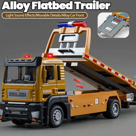 Alloy Truck Model 1/32 Diecast Flatbed Trailer Trucsk with Sound Light Moveble Engineering Car Tractor Toys for Boys Kids Gift