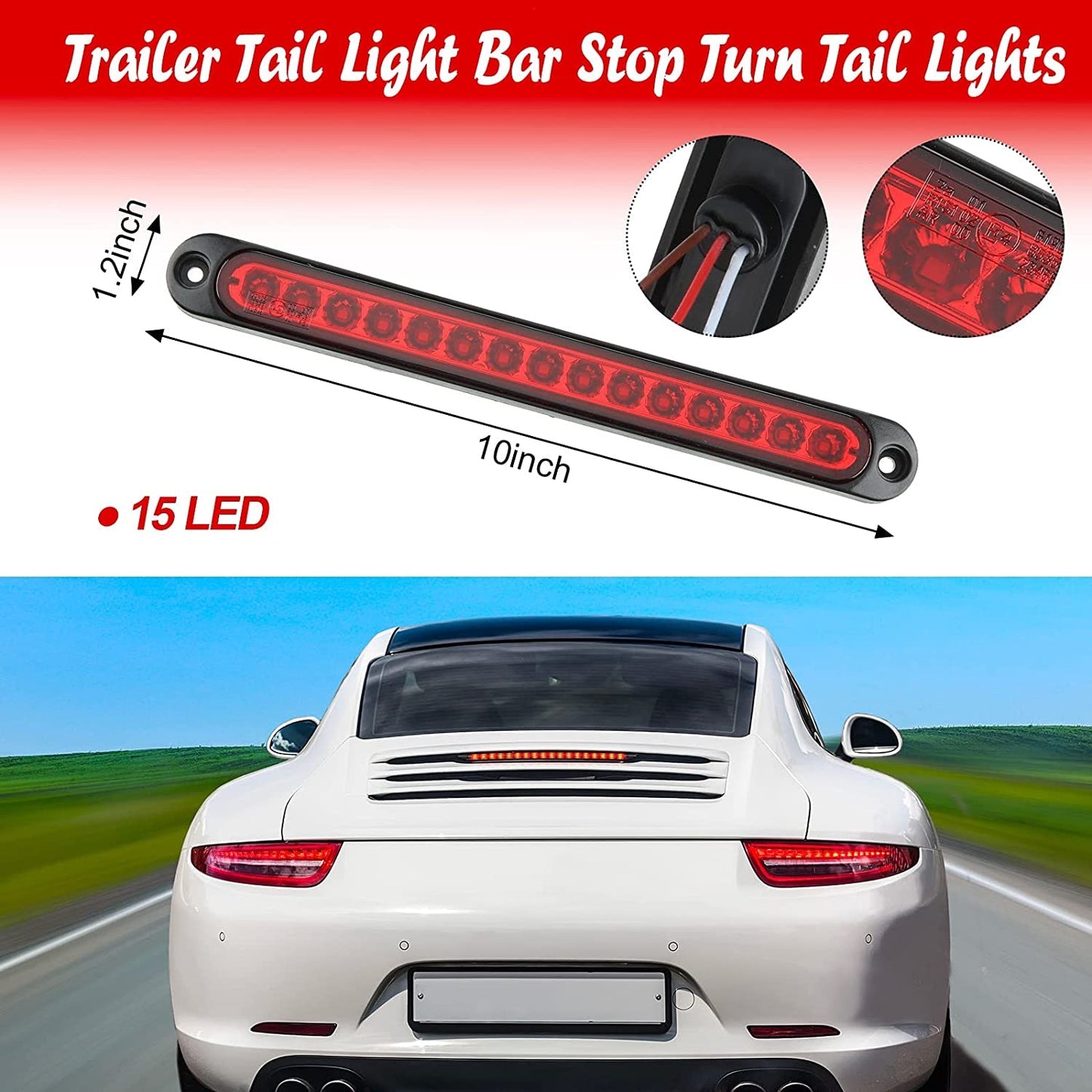 Trailer Tail Light Bar 10 Inch 15 LED 10-30V Brake Stop Turn Trailer Identification Light Assembly for Trailer Car Truck Boat