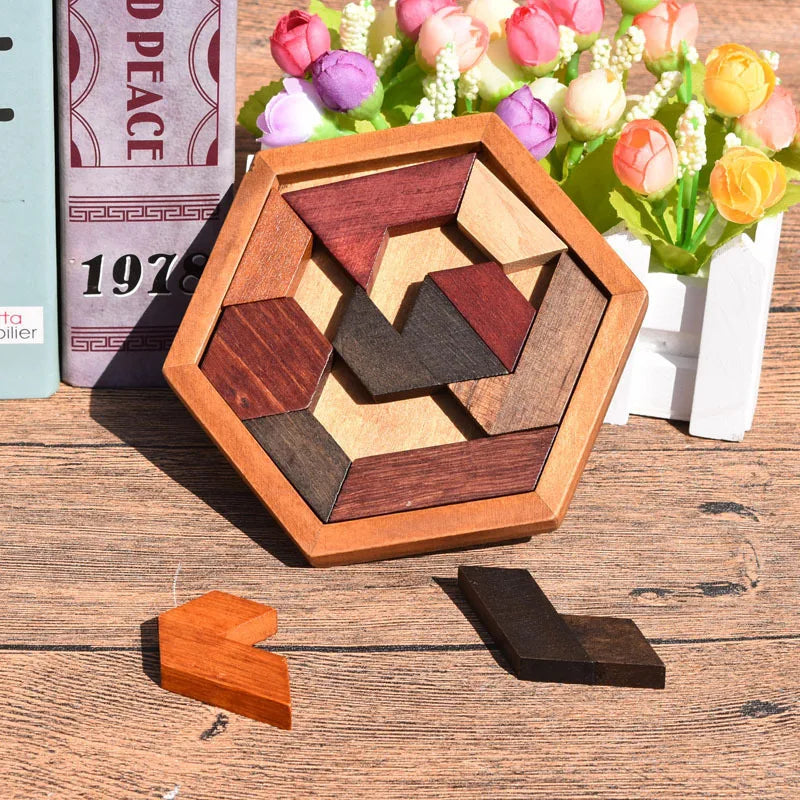 Hexagonal Wooden Puzzles IQ Game Educational Toys For Children Kids Adults Tangram Board IQ Brain Teaser Montessori Toys Gifts