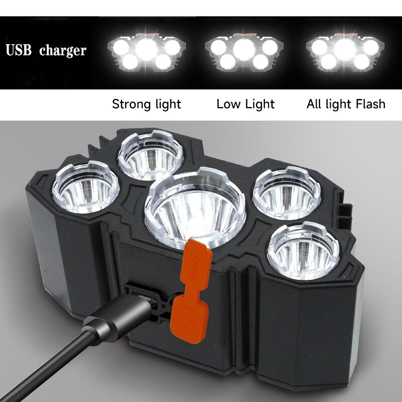 5 LED Flashlight Rechargeable with Built in 18650 Battery Strong Light Camping Adventure Fishing Head Light Headlamp