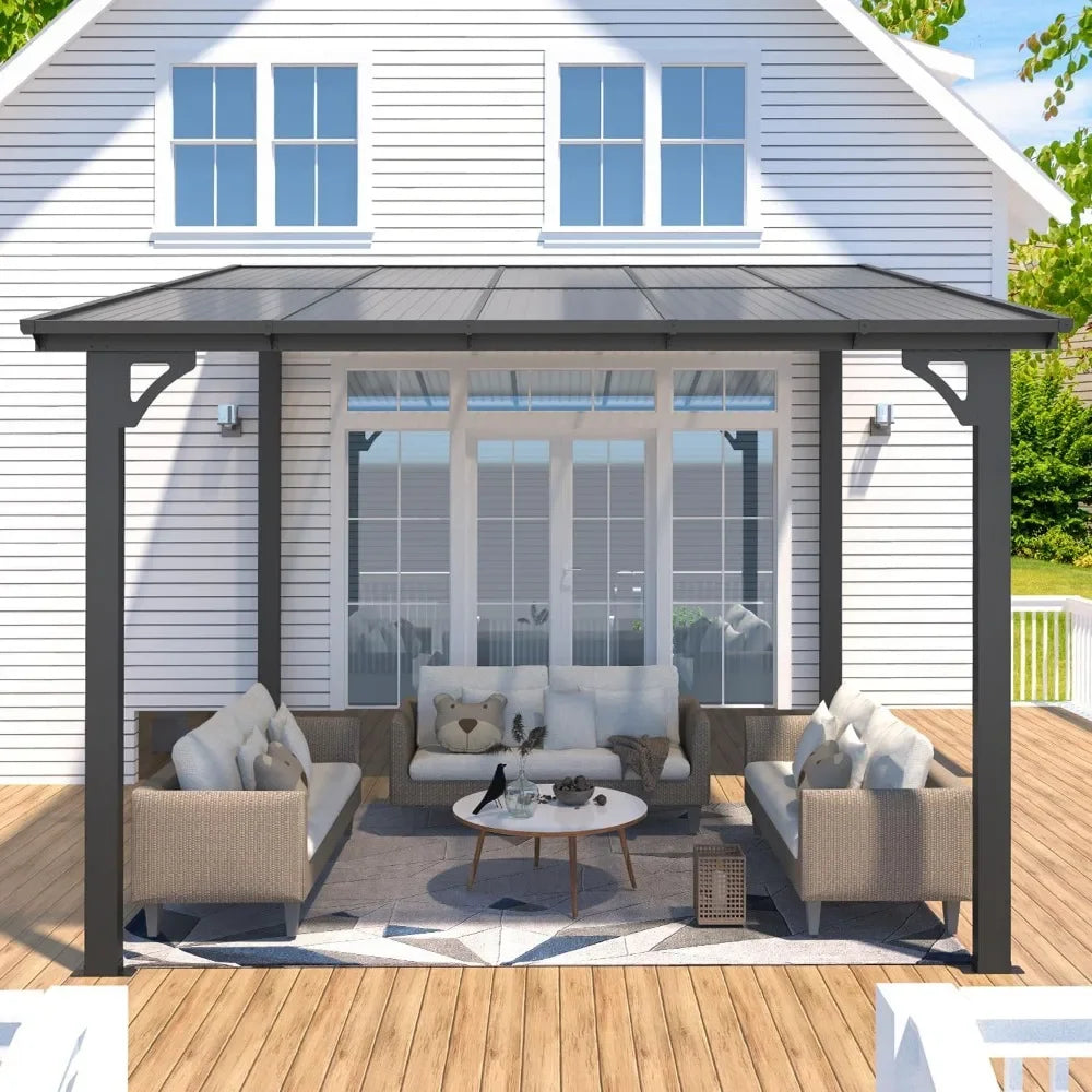 10' x 8' Gazebo for Patio, Small Wall-Mounted Lean to Gazebo Pergola with Roof on Clearance, Hard Top Heavy Duty Awnings