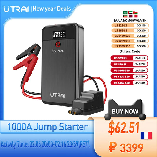 UTRAI Car Jump Starter 1000A Battery Charger 8000mAh Emergency Power Bank Booster with LED Lighting Starting Device for 12V Cars