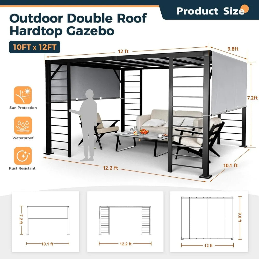 10' X 12' Outdoor Retractable Pergola, Metal Patio Pergola with Retractable Sun Shade Canopy and Aluminum Frame for Patio Gazebo