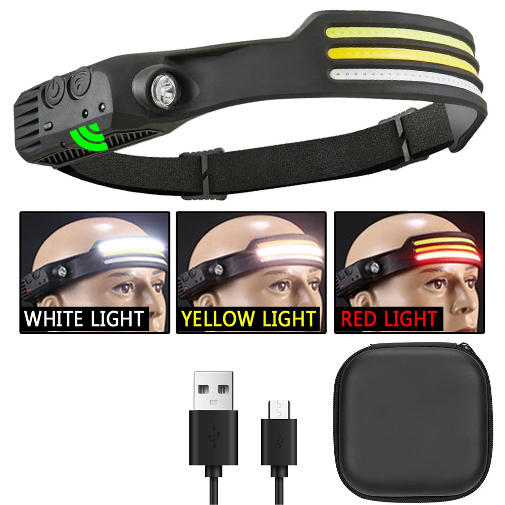 Sensor Headlamp COB LED Head Lamp Flashlight USB Rechargeable Head Torch 5 Lighting Modes Head Light with Built-in Battery