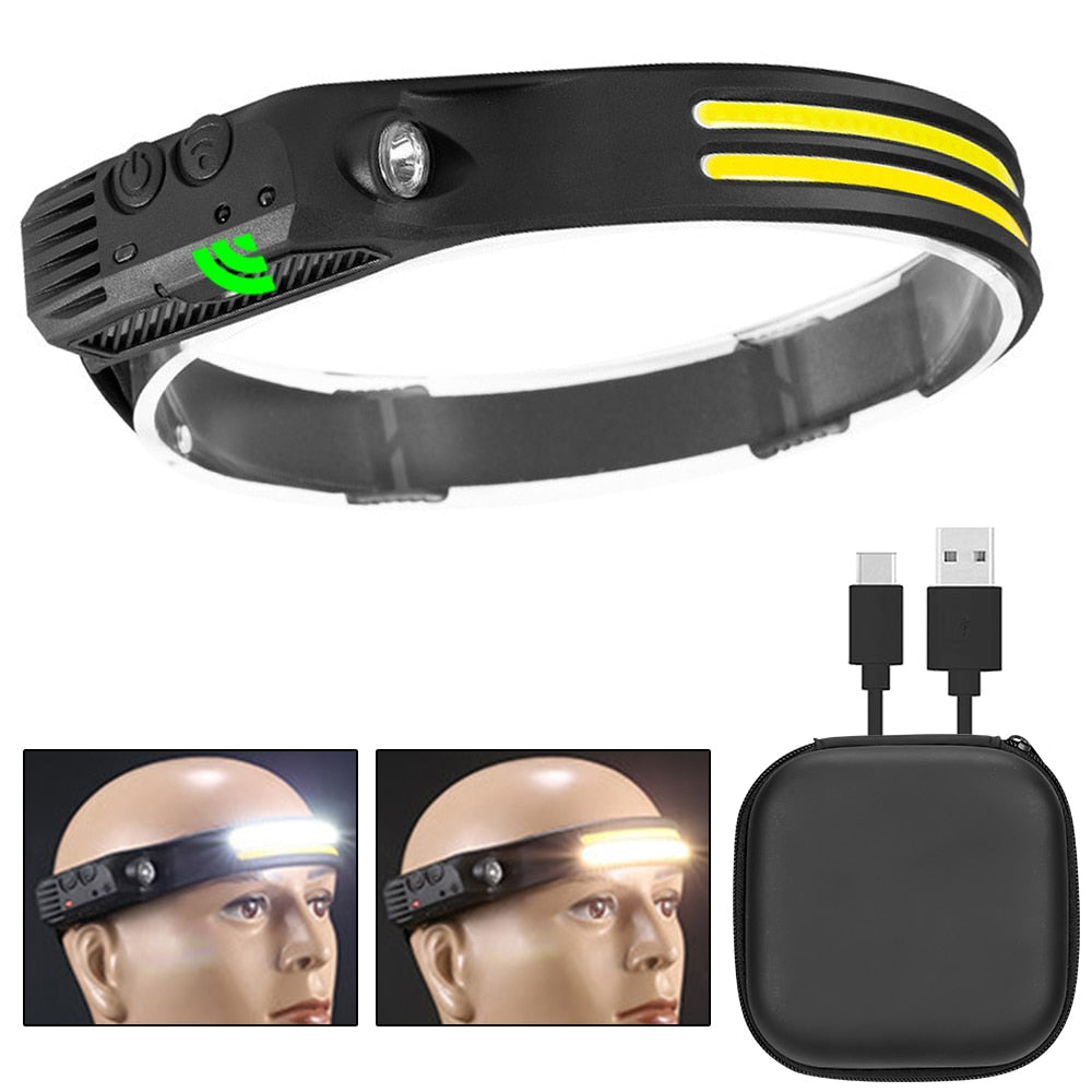 Sensor Headlamp COB LED Head Lamp Flashlight USB Rechargeable Head Torch 5 Lighting Modes Head Light with Built-in Battery