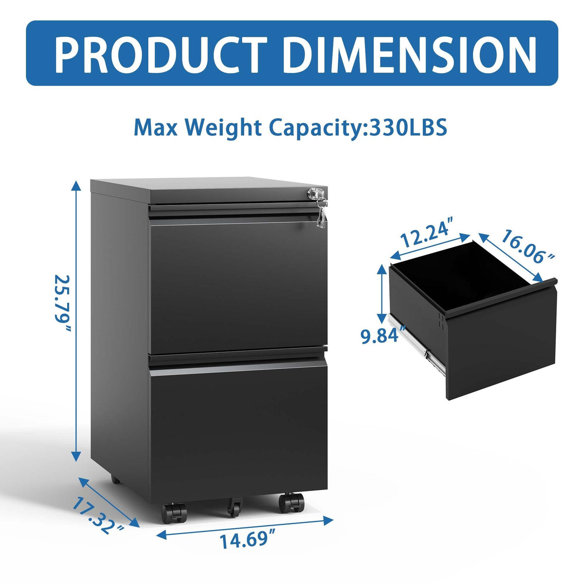 2 Drawer Metal  Mobile File Cabinet, Rolling File Cabinet with Lock for Hanging Legal/Letter/A4 Size,Fully Assembled Except Wheels