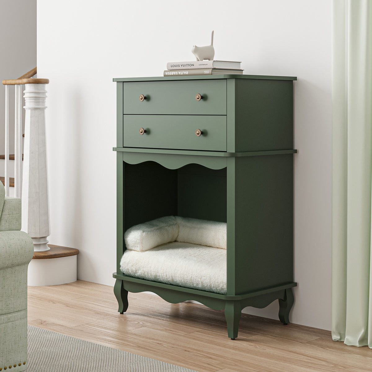 Pet Storage Cabinet with Wall Mounted Cabinet, 2 Drawers and Semi-Open Space, Hidden Cat Litter Box, Multi-Functional End Table-Green