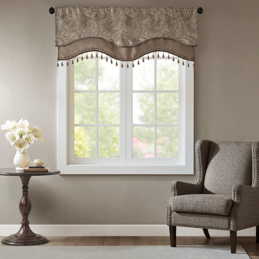 Jacquard Window Rod Pocket Valance With Beads Blue/Brown 50x18'