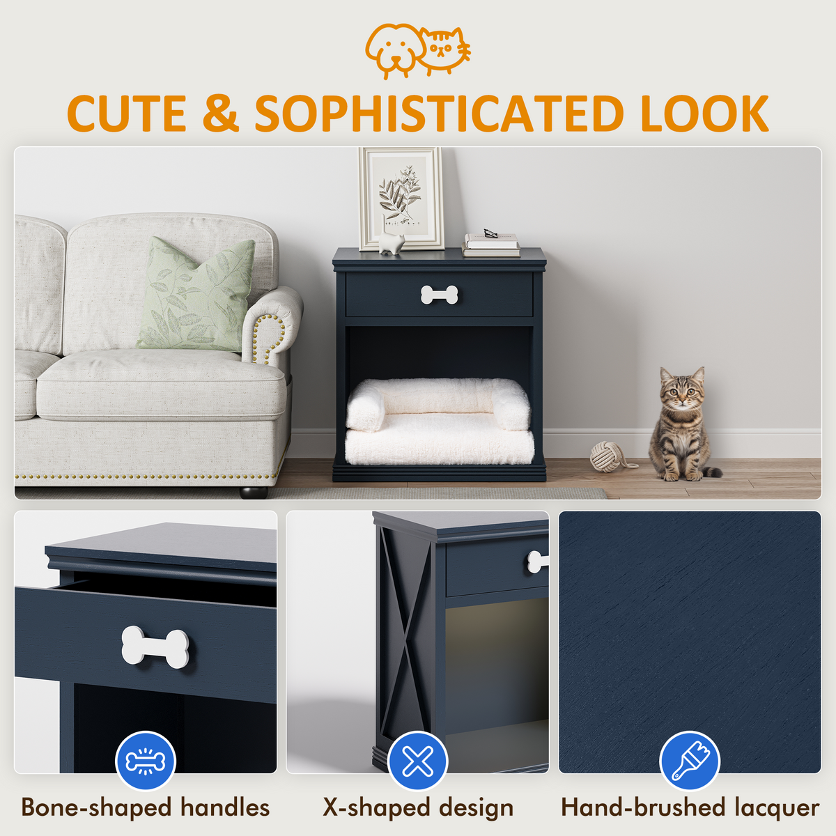 Vintage Small Storage Cabinet with Led Light and Pet Bed, Hidden Cat Litter Box with Drawer and Semi-Open Space