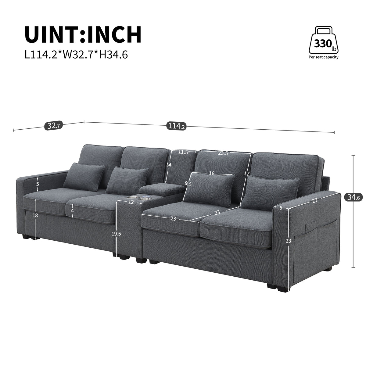 114.2" Upholstered Sofa with Console, 2 Cupholders and 2 USB Ports Wired or Wirelessly Charged, Modern Linen Fabric Couches with 4 Pillows for Living Room, Apartment (4-Seat)