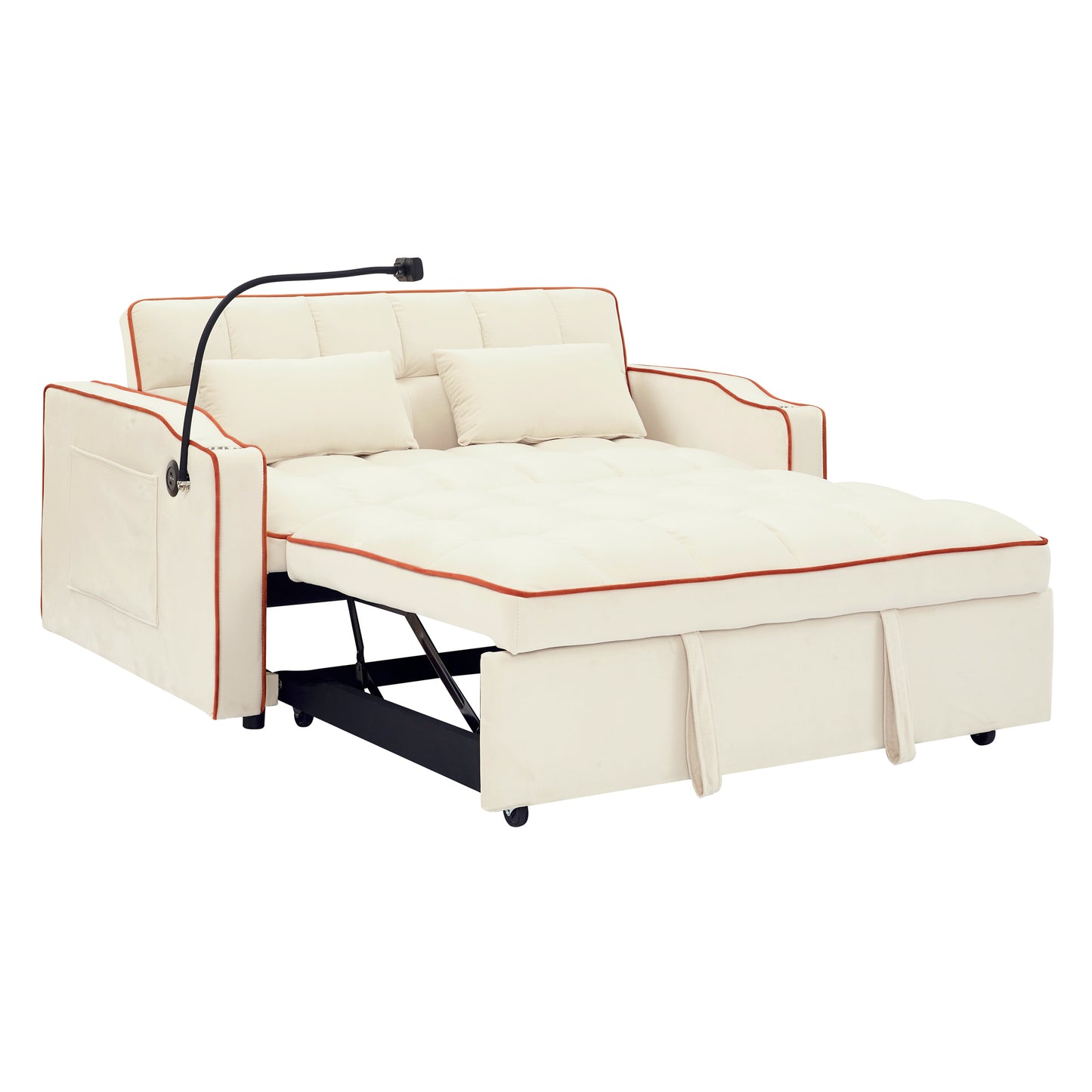 [SantaChoice] 55.51 inch versatile foldable sofa bed in 3 lengths, modern sofa sofa sofa velvet pull-out bed, adjustable back and with USB port and ashtray and swivel phone stand (Beige)