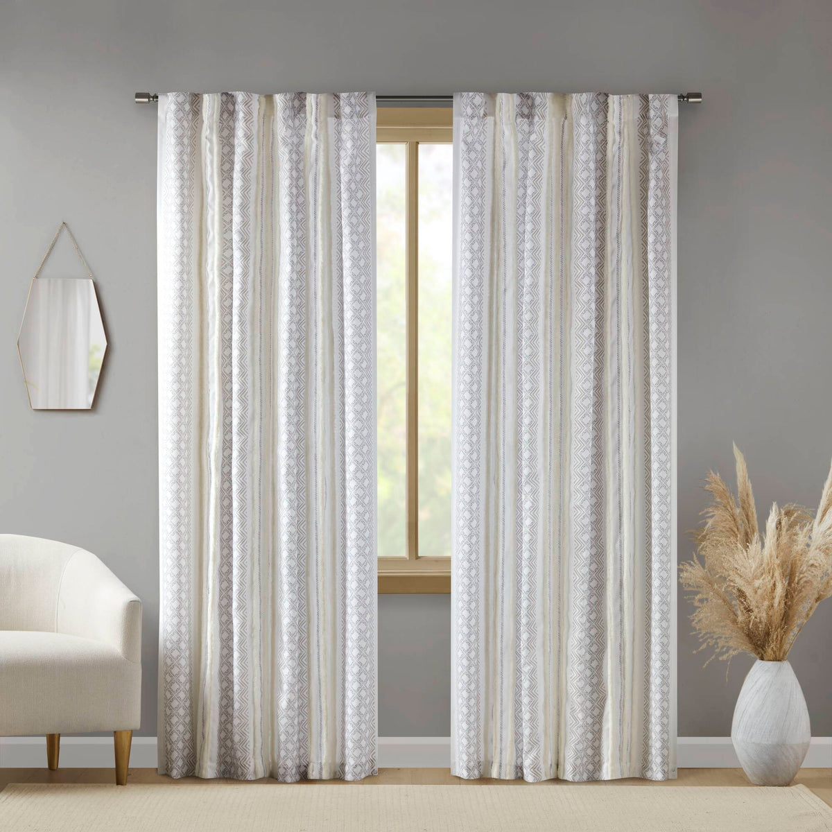 2pk Poly Printed Curtain Panel with Tufted Stripe White/Taupe 2-PK 50x95'