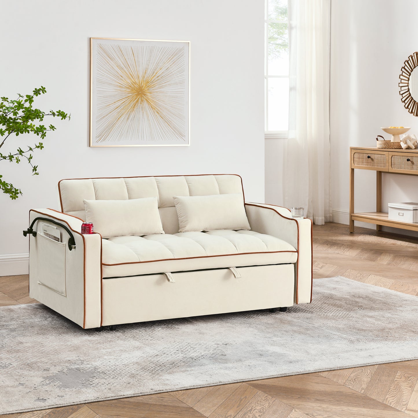 [SantaChoice] 55.51 inch versatile foldable sofa bed in 3 lengths, modern sofa sofa sofa velvet pull-out bed, adjustable back and with USB port and ashtray and swivel phone stand (Beige)