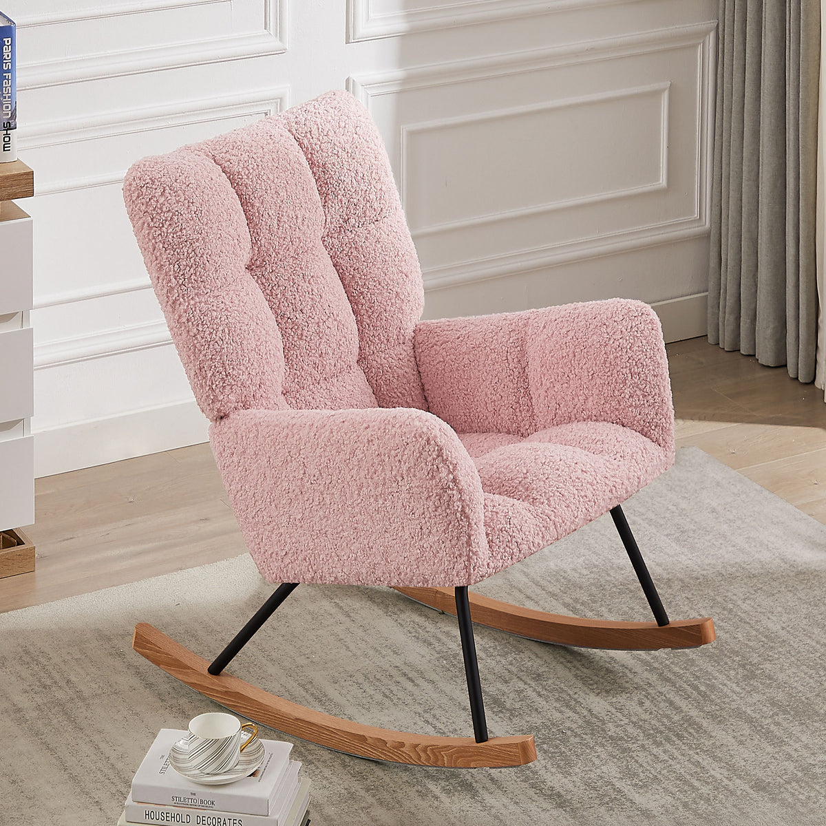 [SantaChoice] Rocking Chair, Leisure Sofa Glider Chair, Comfy Upholstered Lounge Chair with High Backrest, for Nursing Baby, Reading, Napping PINK