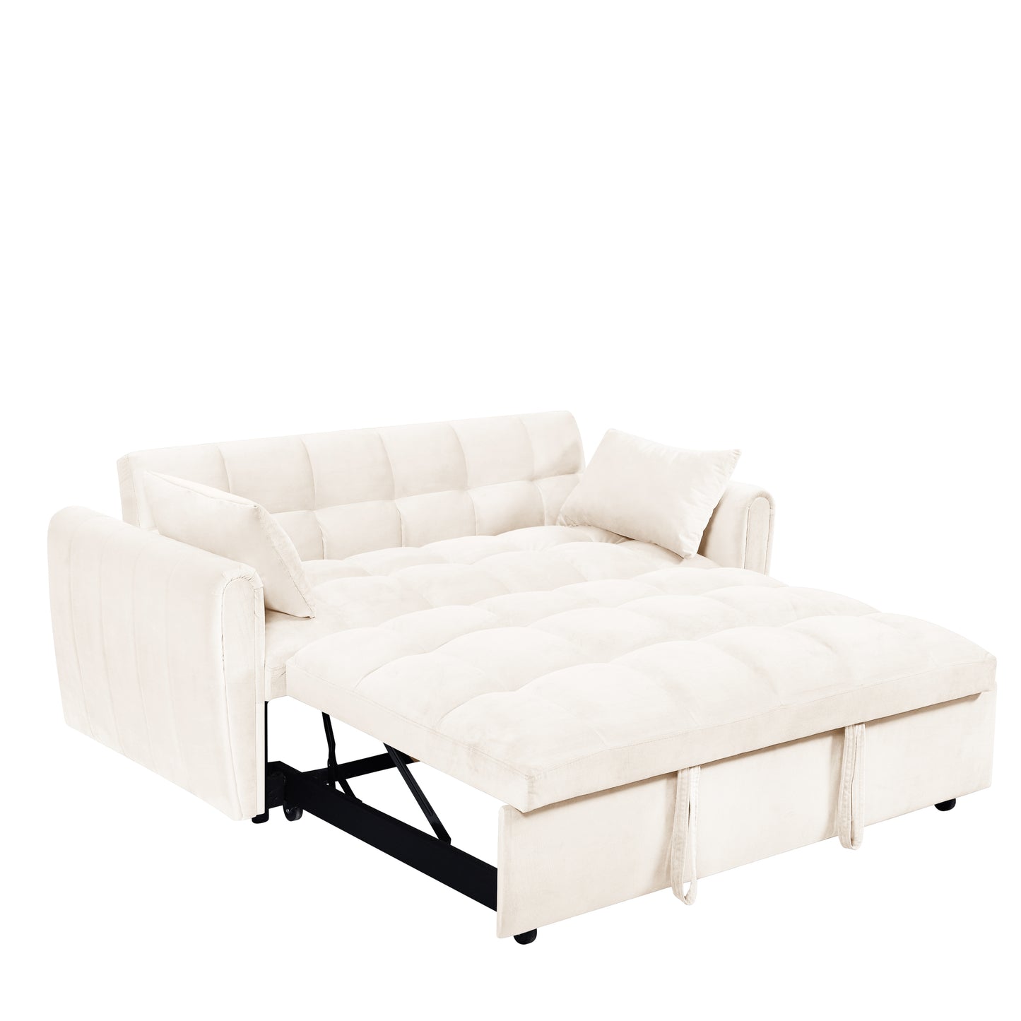 [SantaChoice] 64.9"3-in-1 foldable large size sofa bed, modern velvet double sofa, sofa bed with adjustable back, storage bag and pillow, suitable for living room, bedroom (beige)