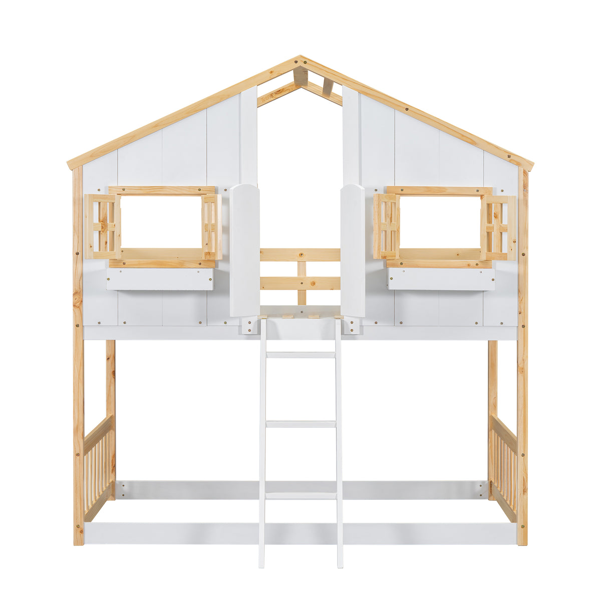 Twin over Twin House Bunk Bed with Roof , Window, Window  Box, Door , with Safety Guardrails and Ladder, Natural/White