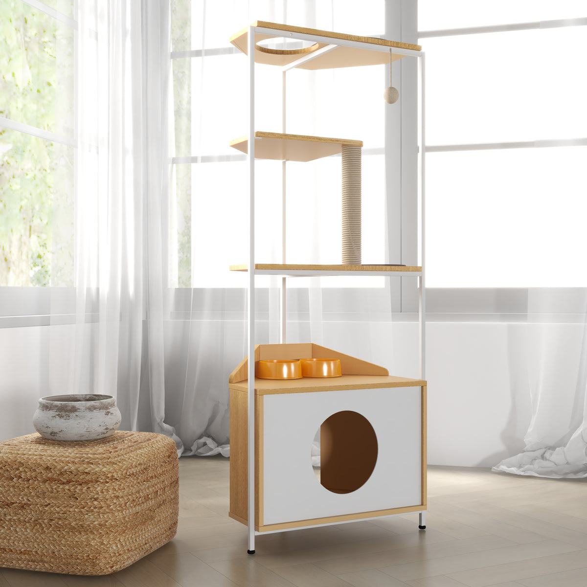Corner Cat Tower, Cat Tree with Scratching Post, Cat Condo with Feeding Station and Climbing Platforms, Pet Furniture for Indoor Cats
